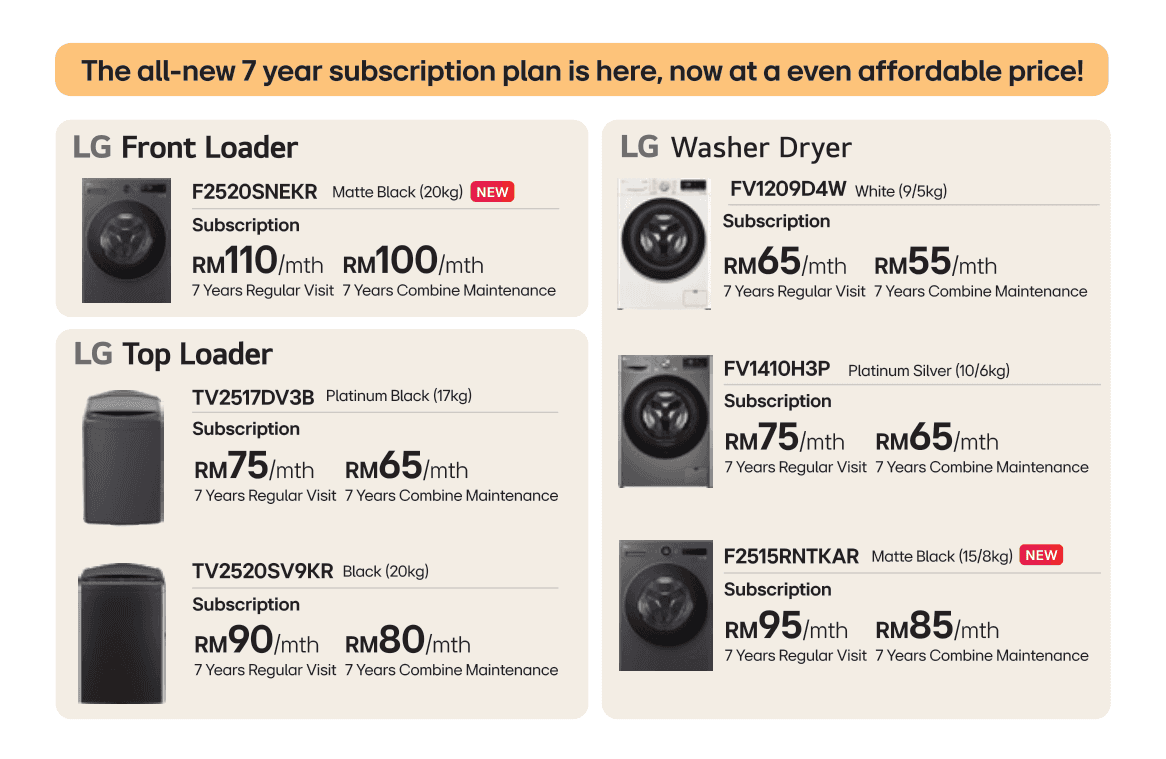 超值 KAW-KAW 优惠 - 全新 7 年方案:LG Subscribe™ 洗烘机 - 全新 7 年订阅计划上线,价格更实惠!